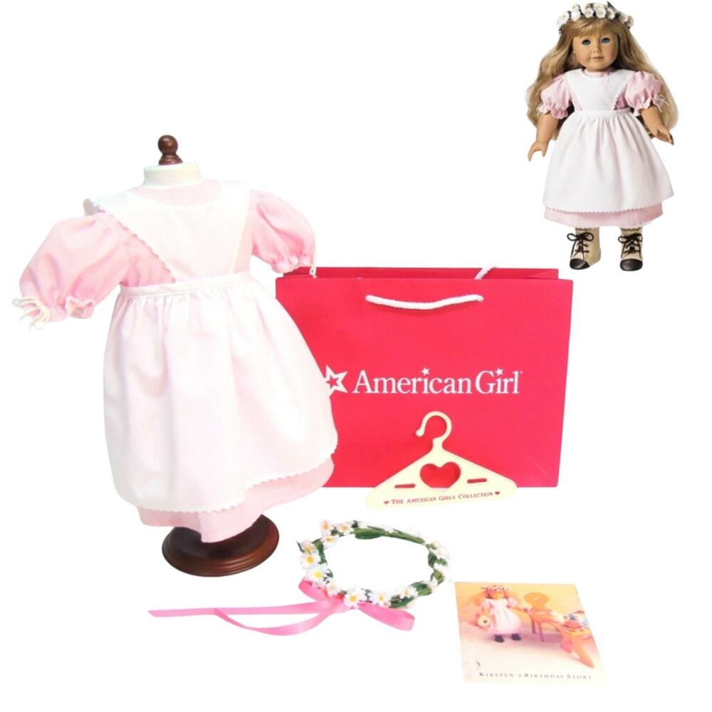 American Girl Kirsten Birthday Outfit Pleasant Co Apron Dress Wreath Hanger Bag